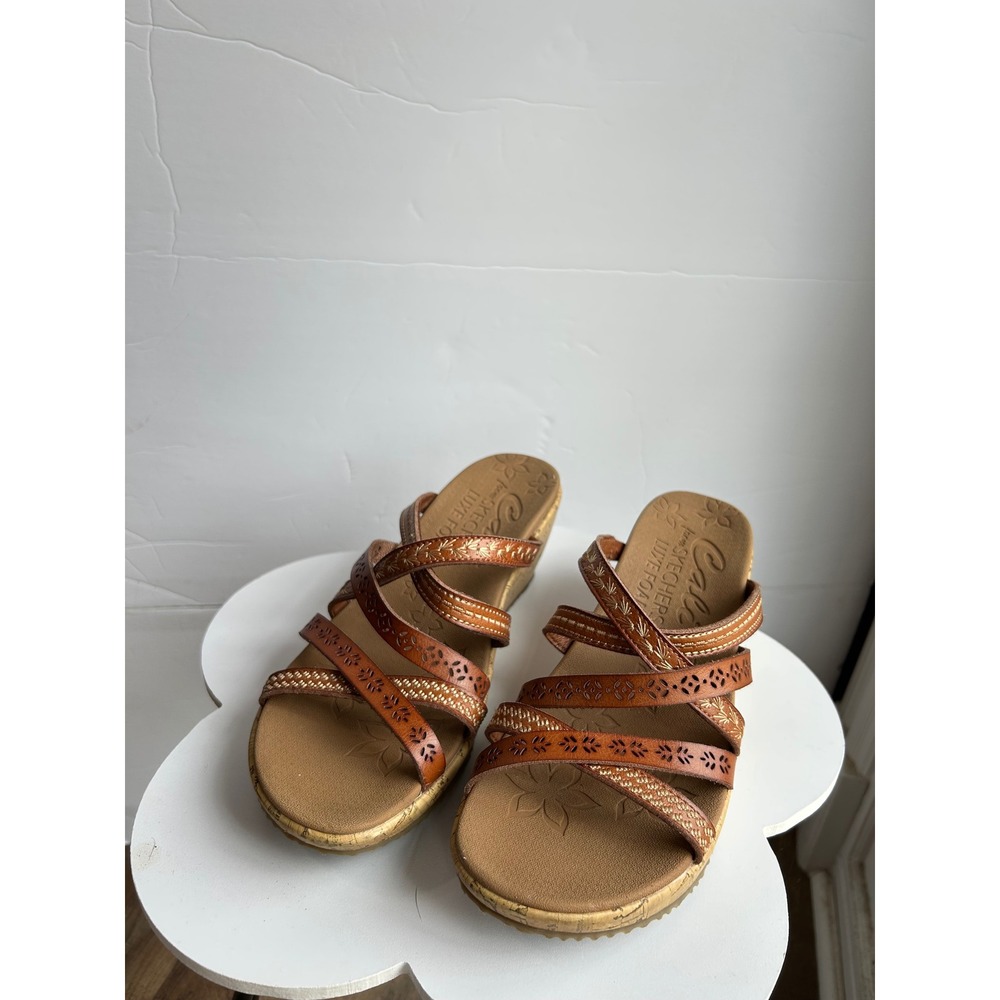 Skechers Cali Luxe Foam Wedge Sandals Brown Boho Laser Cut Floral Slides